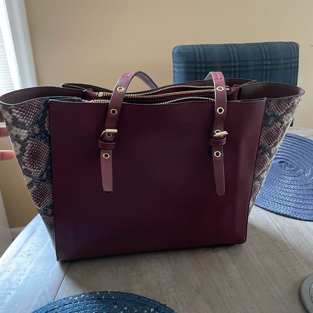 Burgundy/Red with snake print tote purse